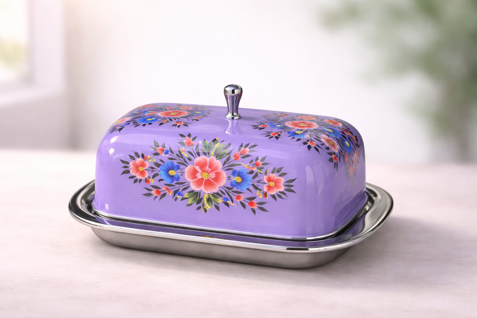 Butter box , 4.5"×7" Enamel Butter Dish From Kashmir, Hand Painted Butter dish ,steel Cheese Dish Holds 1 lb of Butter/ cheese